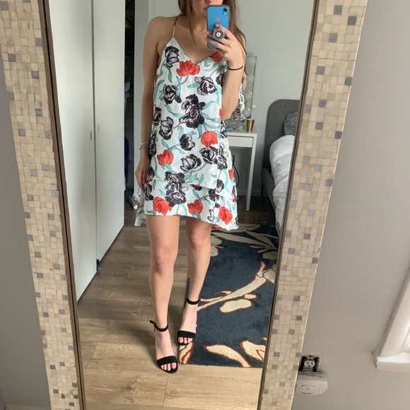 C/MEO Collective Dresses & Skirts - C/MEO Collective Floral Mini Dress - Red and Black on Light Blue